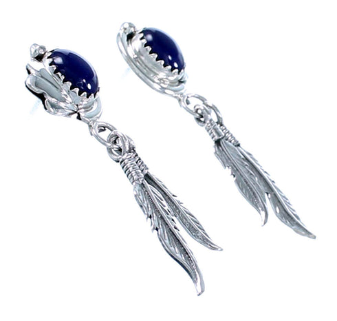 Navajo Sterling Silver Lapis Feather Post Dangle Earrings RX111701